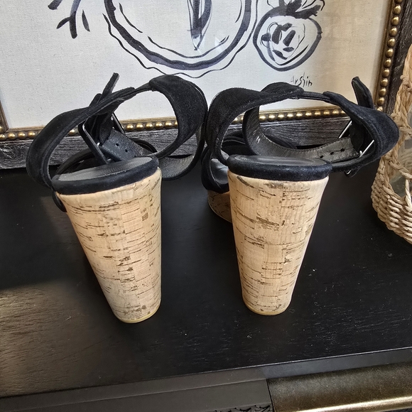 Stuart Weitzman Black Suede Platform Cork Wedge Sandals Size 6 - Picture 7 of 11